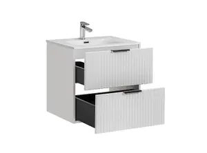 Bathroom Vanity Unit with Sink Basin 600mm Ribbed Textured White Modern Wall Hung Cabinet with Drawers Adel