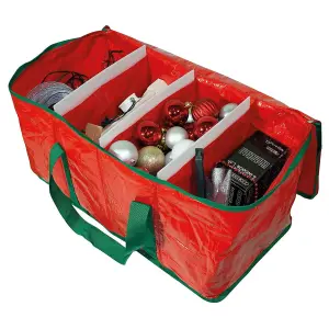 Christmas Decorations Storage Bag - Festive Lights, Ornaments, Baubles Container Box with Zip, Carry Handles & 4 Compartments