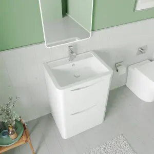 Floor Standing 2 Drawer Vanity Basin Unit with Polymarble Basin, 600mm - Satin White