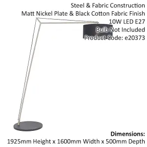 Matt Nickel Large Standing Floor Lamp Light - Black Cotton Shade & Painted Base