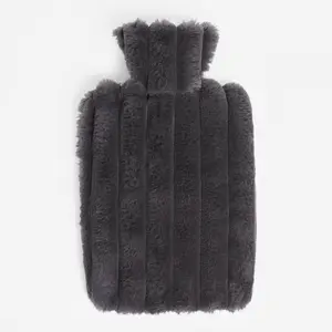 Faux Fur Hot Water Bottle Ribbed Fluffy Fleece Supersoft Warmer, Charcoal