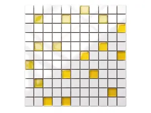 Ceramic mosaic with glass inserts on mesh for bathroom or kitchen 300mm x 300mm - Yellow mandarin