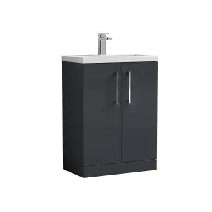 Floor Standing 2 Door Vanity Unit with Ceramic Basin, Soft Black, 600mm