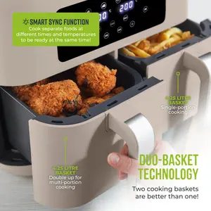 Tower Vortx Dual Basket Air Fryer with Two 4.25L Baskets 2400W Latte/Chrome