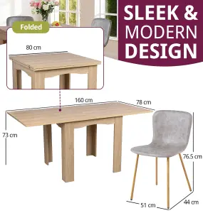 Hallowood Furniture Newquay Oak Flip Top Extending Table with 4 Grey Leather Effect Chair with Oak Effect Legs