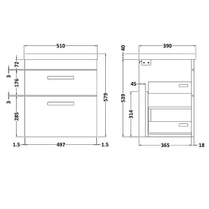 Dezine Hamble 500mm Gloss White Wall Hung 2 Drawer Vanity Unit