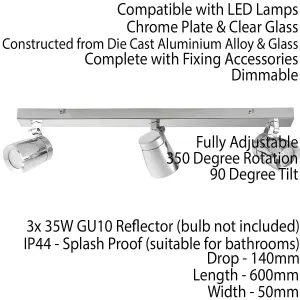 Bathroom Ceiling Bar Spotlight Chrome Plate Triple Adjustable 60cm Long Lamp