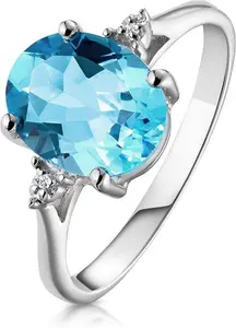 9K White Gold Diamond And 2.60Ct Blue Topaz Ring