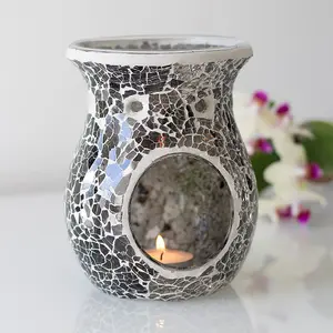 Grey Glass Flared Oil, Wax Melt Burner. Mirrored Crackle Effect. H14 cm