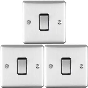 3 PACK 1 Gang Single Light Switch SATIN STEEL 2 Way 10A Black Trim & Metal