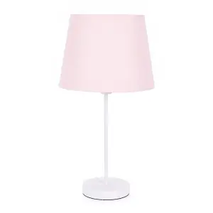 ValueLights Charles White Single Stem Table Lamp with Pink Tapered Lamp Shade and LED Bulb