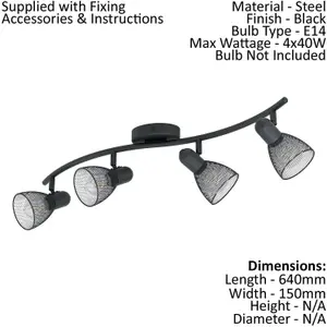 Flush Ceiling 4 Spot Light Colour Black Wave Bracket Mesh Look Shade E14 4x40W