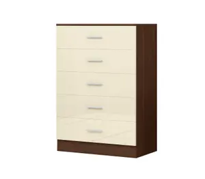 REFLECT 5 Drawer Chest of Drawers in Gloss Cream / Walnut