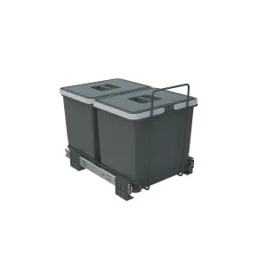 400mm Grey Cabinet Bin Base Mounted 2 x 15L Integrated Pull Out Waste Recycling