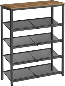 VASAGLE Shoe Rack, 5-Tier Shoe Storage with Shelves and Large Top, Adjustable Shelves, Space-Saving, Honey Brown and Ink Black