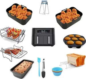 Air Fryer Accessories For Ninja Foodi Dual, AF300UK 7.6L, AF400UK 9.5L, SL400UK, Tower T17088 9L, Set Of 11 Including Silicone Air Fryer Liners, Air