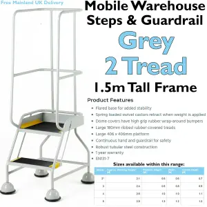 2 Tread Mobile Warehouse Steps & Guardrail GREY 1.5m Portable Safety Stairs