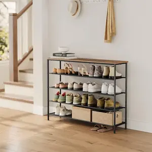 VASAGLE Shoe Storage Shelf 5 Tier, Narrow Shoe Organizer, 4 Fabric Shelves & Upper Section, Industrial, Rustic Brown & Black