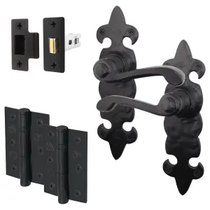 AFIT Black Antique Fleur De Lys Door Handle Latch Set - 6 Pairs Cast Iron Internal Lever Latch Handles, Hinges 76mm & Latch 64mm