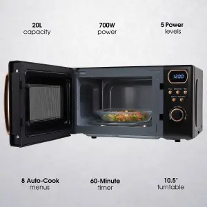 Abode Retro Black Microwave 20L 700W Digital 8 Auto Cook Rose Gold with Defrost Function AMD2004BRG