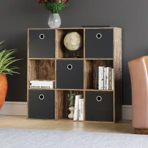 Vida Designs Durham Dark Wood 3x3 Cube Storage Unit & Set of 5 Black Foldable Cube Storage Baskets