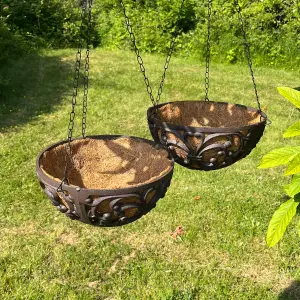 Set of 2 Cast Iron Garden Hanging Basket Planters (25.5cm)