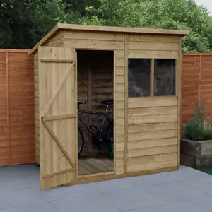 Forest Garden Overlap 6x4 ft Pent Wooden Pressure treated Shed with floor & 2 windows (Base included) - Assembly service included