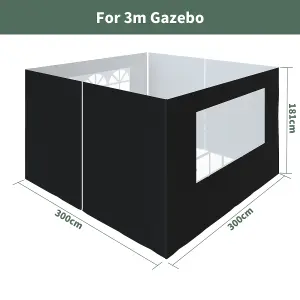 SunDaze Pop Up Gazebo Side Panels 3x3m 4 Piece Replacement Exchangeable Wall Panels with zipper and Window Black