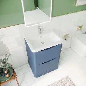 Floor Standing 2 Drawer Vanity Basin Unit with Polymarble Basin, 600mm - Satin Blue