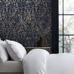 Next Majestic damask Navy Metallic effect Smooth Wallpaper