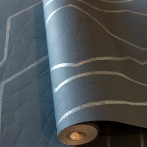 Galerie Slow Living Night Blue Connection Metallic Geometric Lines Wallpaper Roll