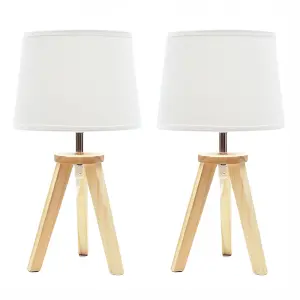 ValueLights Jackson Pair of Natural Wood Tripod Table Lamps with Fabric Shades and LED Bulbs