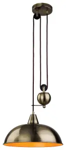 Luminosa Century 1 Light Rise & Fall Dome Ceiling Pendant Antique Brass, E27