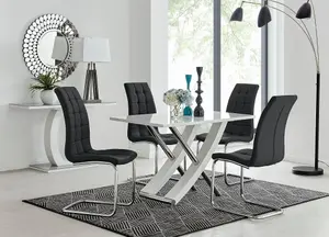 Furniturebox UK Mayfair 4 White High Gloss And Stainless Steel Dining Table And 4 Black Murano Chairs