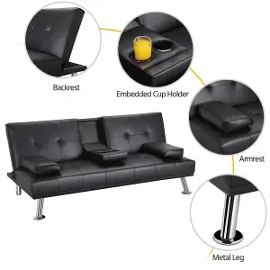 Yaheetech Black Faux Leather Convertible Sofa Bed with Drop-down Cup Holders and Pillows