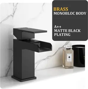 BATHWEST Matte Black Basin Mixer Taps Waterfall Square Mono Bathroom Sink Mixer Tap