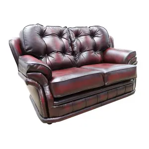 Chesterfield 2 Seater Antique Oxblood Red Leather Sofa In Knightsbridge Style