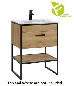 600 Bathroom Vanity Sink Unit Cabinet with Basin Black Steel Oak Finish Freestanding Loft Industrial Brook