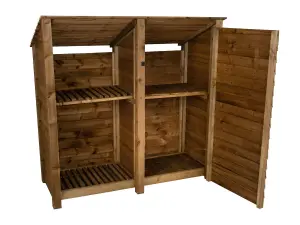 Wooden tool and log store (roof sloping back), garden storage with shelf W-187cm, H-180cm, D-88cm - brown finish