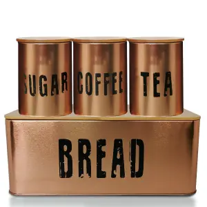 Copper Bread Bin & 4pcs Kitchen Storage Set Sealed Tea, Coffee & Sugar Tins