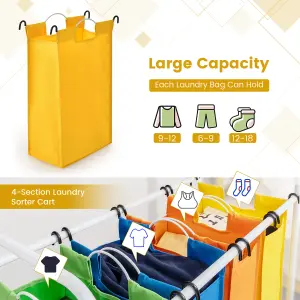 Costway 4-Section Laundry Sorter 136L Large Capacity Laundry Hamper 4 Bag w/ Wheels