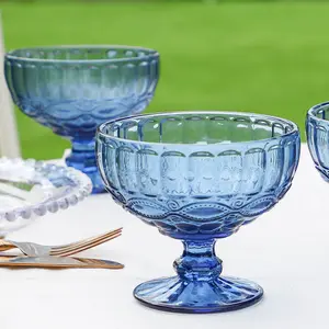 Set of 4 Vintage Blue & Turquoise Blue Glass Trifle Bowl and Dessert Bowls