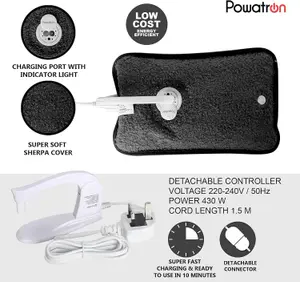 Almineez Black Rechargeable Electric Hot Water Bottle Bed Hand Warmer Massaging Heat Pad Soft Teddy Fabric Soothing Heat Relieves