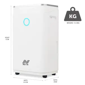 NETTA 25L Low Energy Dehumidifier with Continuous Drainage and Timer - Ideal for Damp, Condensation and Laundry Drying