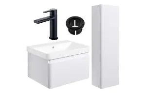 Aquarius Sophie 605MM Vanity Unit Matt White Tall Boy Set with Matt Black Brassware