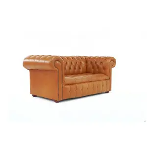 Chesterfield 2 Seater Buttoned Seat Sofa Old English Tan Real Leather In Classic Style