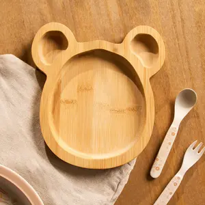 Wooden Bear Plate Kids Food Serving Board Natural Bamboo Kitchen Home Platter