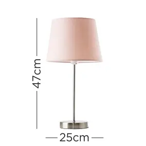 ValueLights Modern Pair Of Satin Silver Table Lamps With Pink Shades