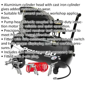 50L Direct Drive Air Compressor with 4 Piece Accessory Kit - 2hp Induction Motor