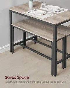 VASAGLE Dining Table with 2 Benches, 3 Piece Set, Kitchen Table, 2 Benches, Steel Frame, Heather Greige and Ink Black